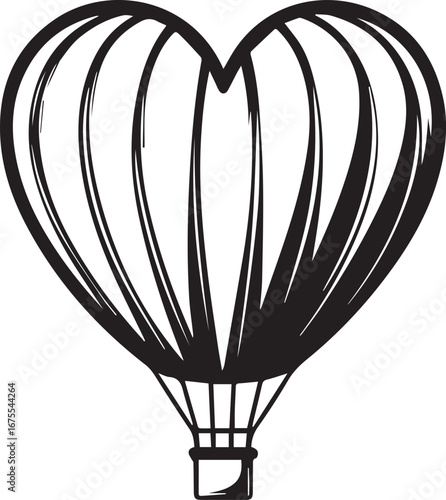 Heart-Shaped Balloon Soaring High: An artistic portrayal of a hot air balloon, shaped like a heart, ascends gracefully, capturing the essence of love, adventure, and soaring ambitions.