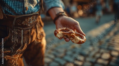Hand in lederhosen holding a half-eaten pretzel over cobblestones at dusk