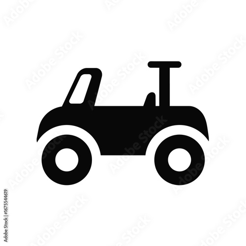 Simple black silhouette icon of a small open top vehicle resembling a dune buggy or beach buggy on a white background