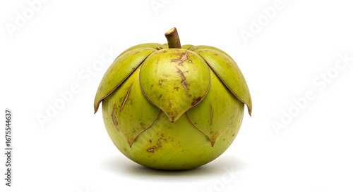 Unripe green exotic tropical fruit with intricate sepal details, presented with white background