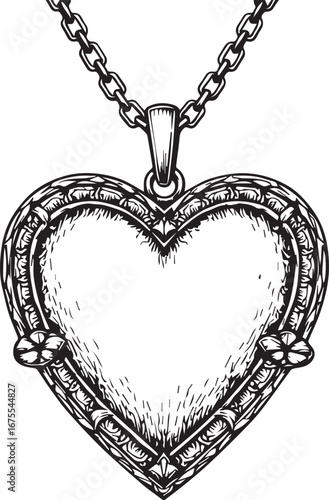 Vintage Heart Locket: An intricately detailed hand-drawn heart-shaped locket pendant, delicately suspended from a chain. Perfect for representing love.