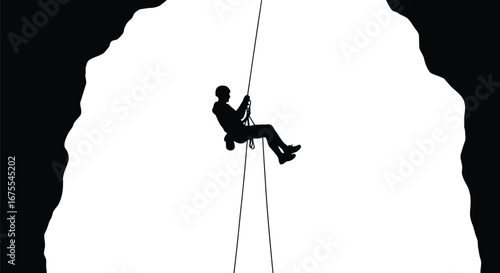 Silhouette adventurer rappelling down steep cliff face extreme sports vector