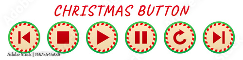 Christmas buttons for media player in candy cane style. New Year multimedia icon set