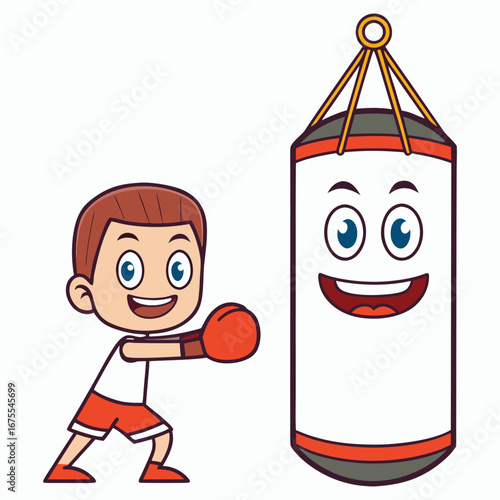 Vector art of cartoon boy boxing with a punching bag