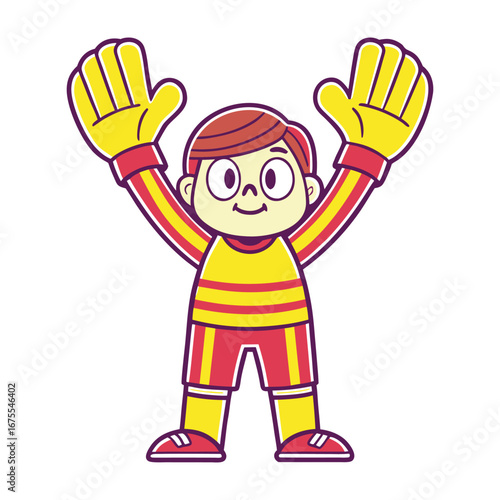 Vector art of cartoon goalkeeper with yellow gloves and red stripes