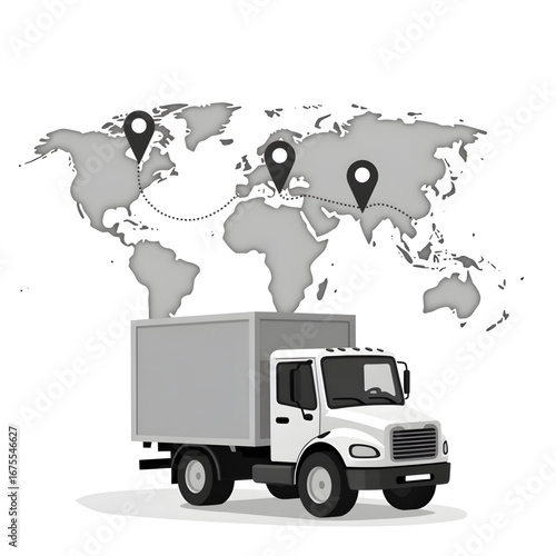 Global Delivery: A visual representation of global shipping and logistics, with a delivery truck, world map, and route markers, conveying concepts of worldwide transport and supply chain management.