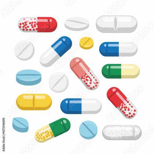 Colorful Array of Assorted Pills and Capsules on White Background