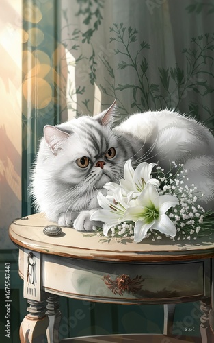 A white persian cat resting on a table with white lilies and baby's breath