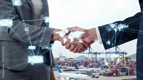 Global Business Deal Handshake with Cargo Port Background