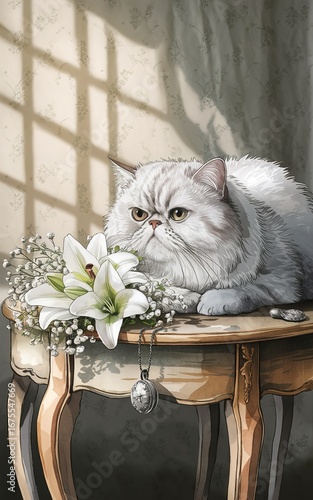 A fluffy white persian cat rests on a table with flowers and a locket pendant