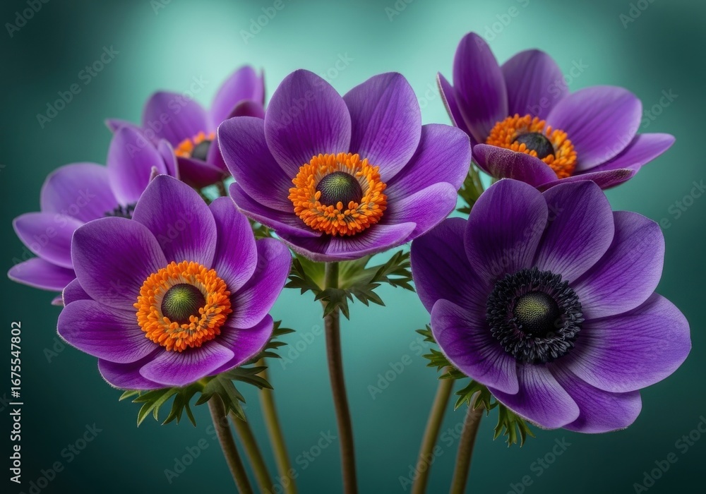 Fototapeta premium Vibrant purple anemone flowers against a teal backdrop, a close-up nature shot