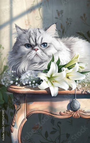 A fluffy persian cat with blue eyes resting on a table with white lilies