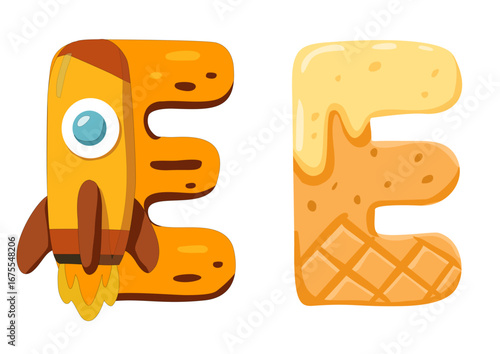 Cartoon letter E designs: one styled with a rocket and flames, the other resembling a waffle with melting syrup, fun alphabet illustration for kids.