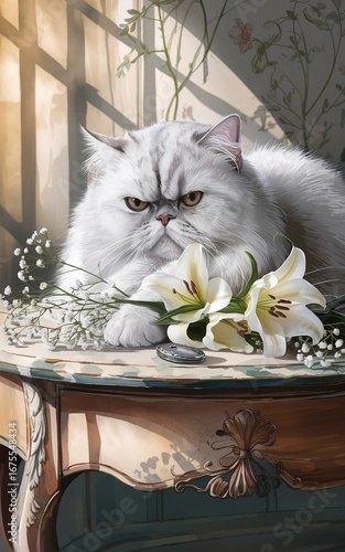 A grumpy white persian cat lounging on a table with white lilies and baby's breath