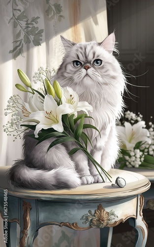 A fluffy persian cat with white lilies sitting on an ornate side table indoors