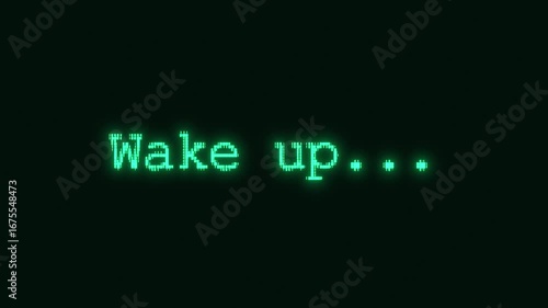 Retro-Futuristic pixelate Monitor synthwave style. Retro CCTV or VHS pixel Wireframe. Abstract digital background. 80s, 90s Retro futurism, Retro wave cyberpunk grid matrix style. Wake up text