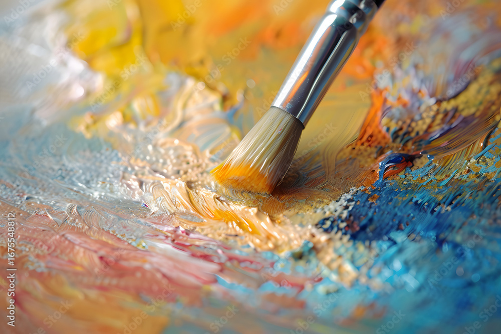 Fototapeta premium The hand of an artist mixing oil paints on a wooden palette, bright colors intertwining with each other, thick and textured brushstrokes.