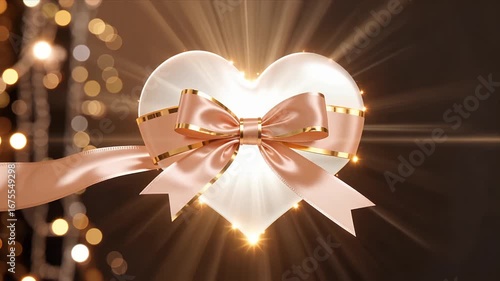 Elegant heart gift with rose gold ribbon and golden light beams, perfect for romantic celebrations and special moments.
