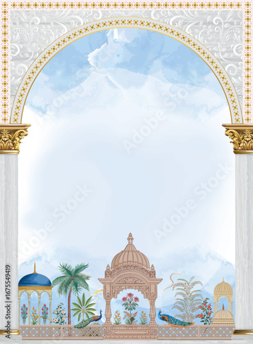 Rajasthani royal arch frame with golden pillars, peacock illustration, floral garden, and traditional dome pavilion, Mughal inspired decorative background for wedding invitation or cultural poster. 
