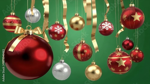 Elegant Christmas ornaments shimmer with gold ribbons, creating a festive holiday mood for joyous celebrations.