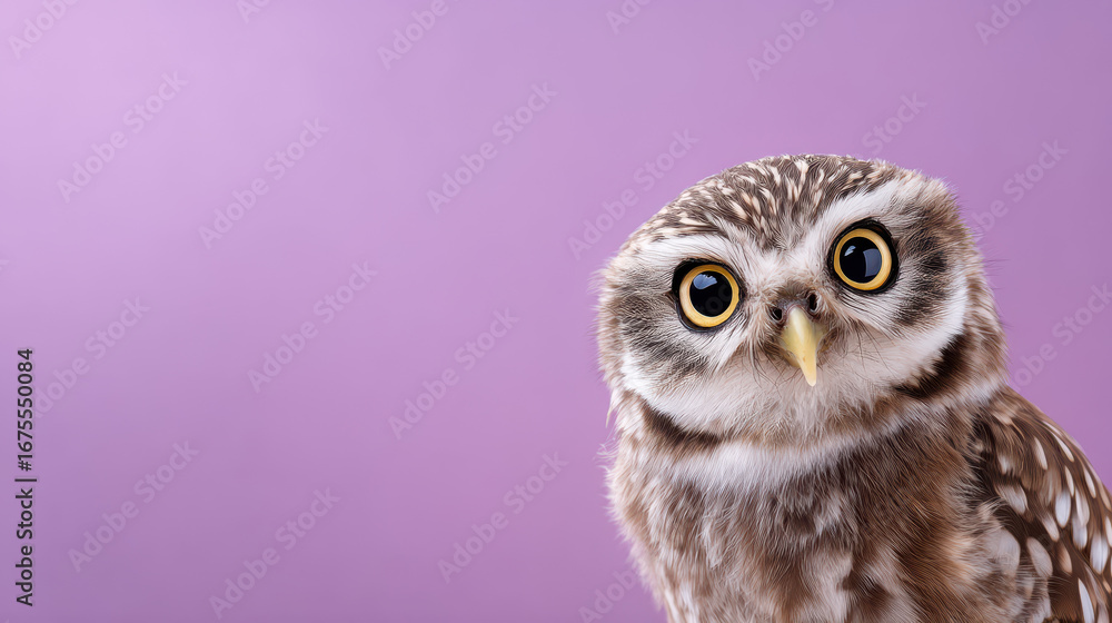Naklejka premium Close-up of a curious little owl with big round eyes against a soft purple background showcasing its detailed feathers