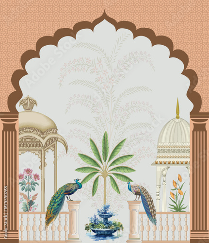 Royal Indian Palace Wall Art with Ornamental Arch, Peacocks, Domes, Garden Fountain, and Traditional Floral Motifs in Mughal Rajasthani Style. | Wedding Back Drops | Indian Wedding Digital Backdrop | 