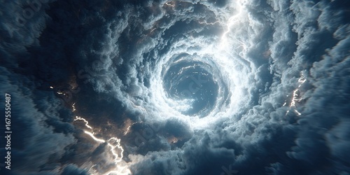 A hyper-detailed cinematic image of a mid-air round time vortex, glowing with radiant edges, sparks of lightning bursting outward, dense smoke spiraling underneath, pure white void as backdrop