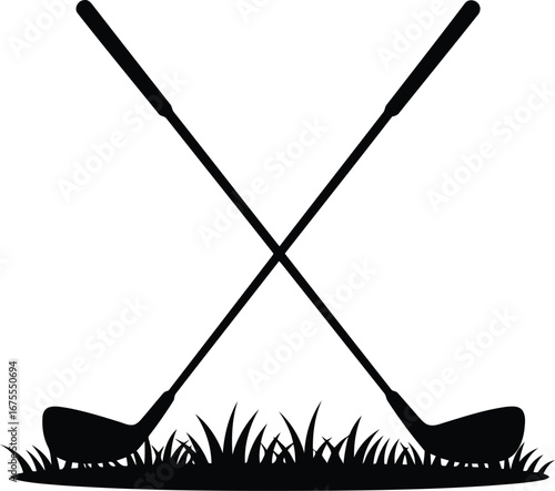 Crossed golf clubs on grass silhouette minimalist sports icon vector vector