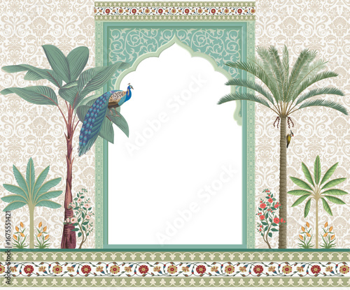 Mughal Style Decorative Frame with Peacock, Palm Trees, Floral Pattern and Ornamental Arch for Traditional Artwork and Invitation Design.  | Wedding Back Drops | Indian Wedding Digital Backdrop |