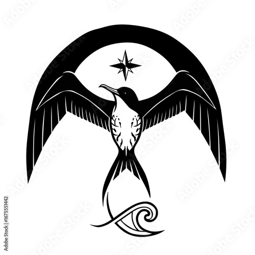 Vector art of a frigatebird with a compass rose and wave element. This stylized design, ideal for nature and travel themes, features a vibrant mix of teal, orange, and dark blue.