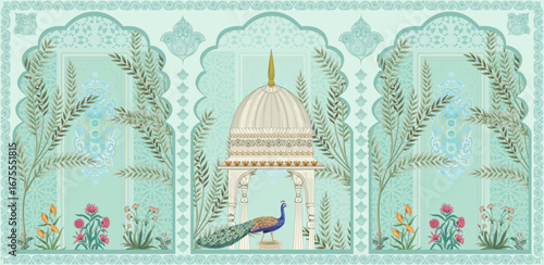 Mughal Style Peacock Illustration with Ornamental Dome, Floral Motifs, Palm Leaves and Islamic Geometric Arch Design in Vintage Oriental Art. Rajasthani indian Culture Folk Art Illustration. Vector.