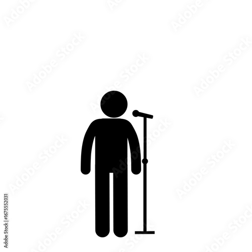 Vector illustration of stick figure giving presentation with microphone
