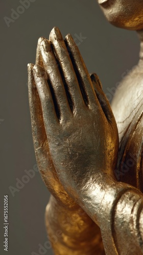 Praying hands of a golden Buddha statue close-up