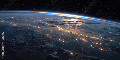 A stunning view of planet Earth from low orbit, glowing city clusters visible across landmasses, the sun casting brilliant light over the horizon, atmosphere glowing faintly blue in the distance