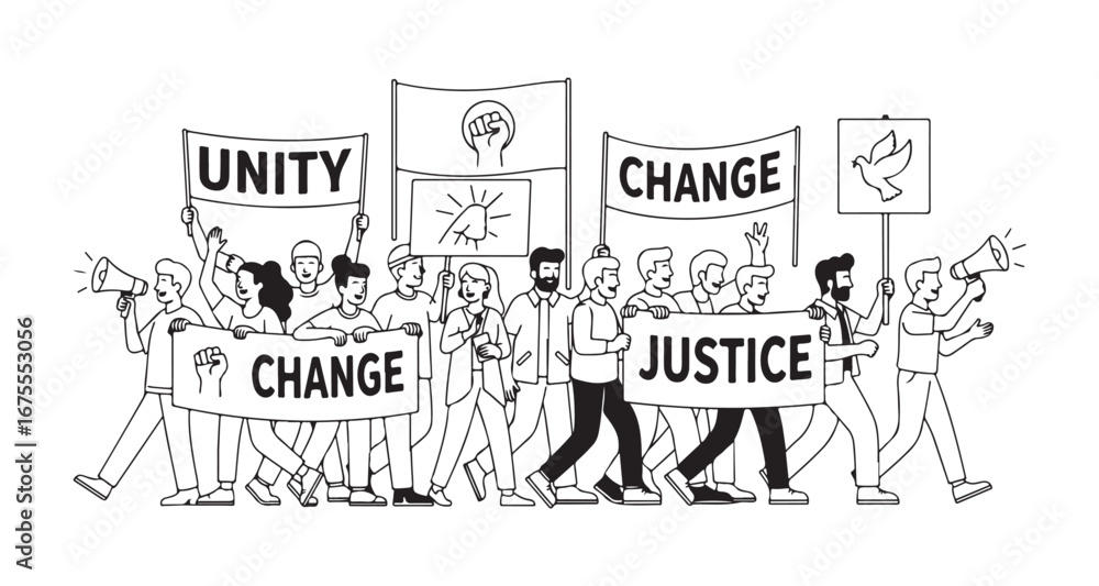 Obraz premium Diverse group of people marching together holding signs for unity justice and change