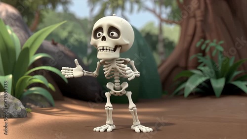 Curious cartoon skeleton explores lush jungle with playful expression and dynamic lighting