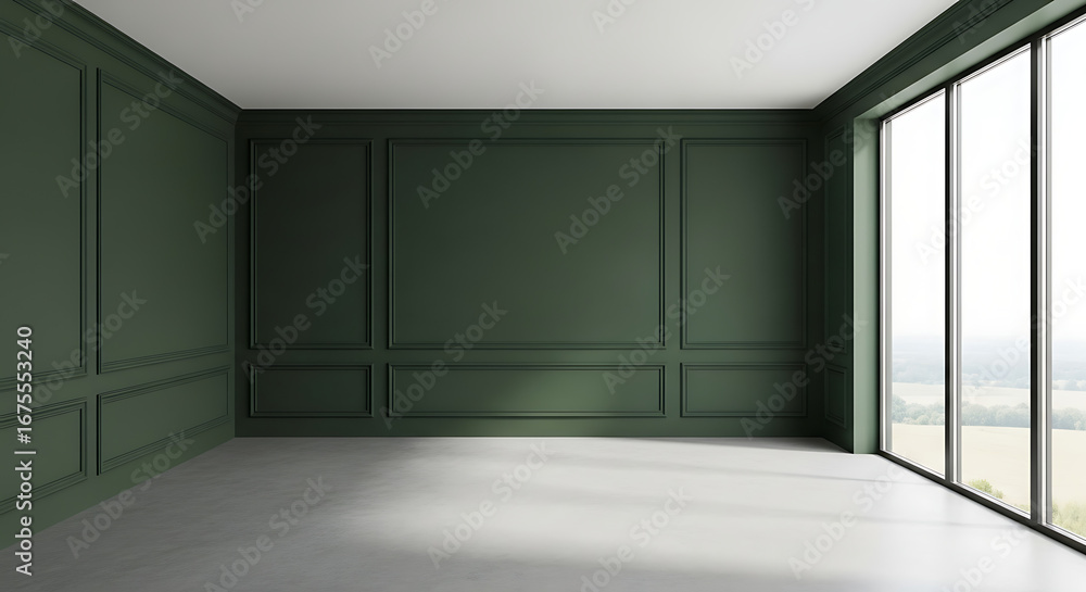 Obraz premium Elegant Dark Green Room Interior Design with Large Window