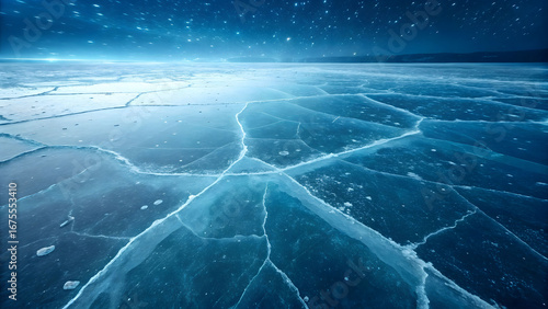 A vast, frozen expanse of cracked blue ice stretches towards a glowing horizon under a starry night sky.