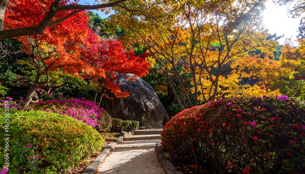 Naklejka premium Autumnal garden path through vibrant foliage
