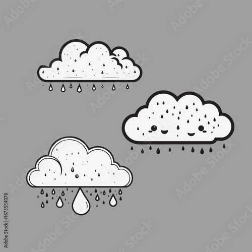 Three stylized clouds raining drops water droplets sky weather symbol collection