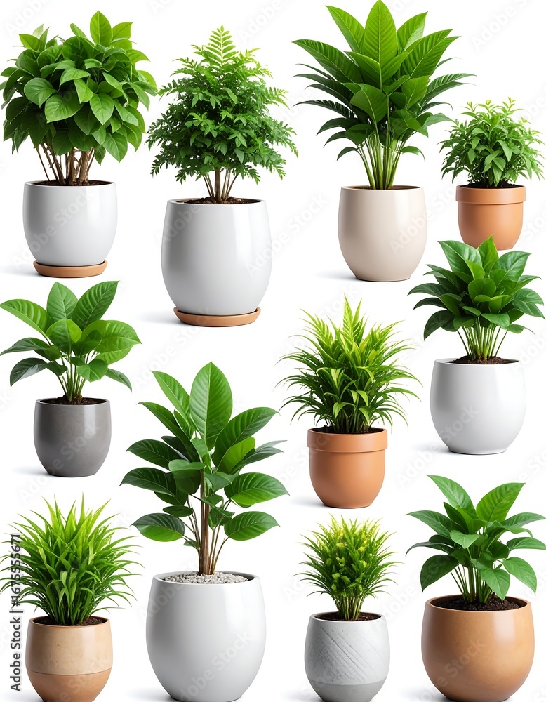 Fototapeta premium Twelve potted plants, studio shot, white background