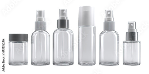 Clear plastic bottles and jars with spray tops
