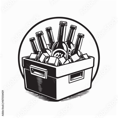 Cooler Box with Ice and Bottles Summer Drink Storage Vector