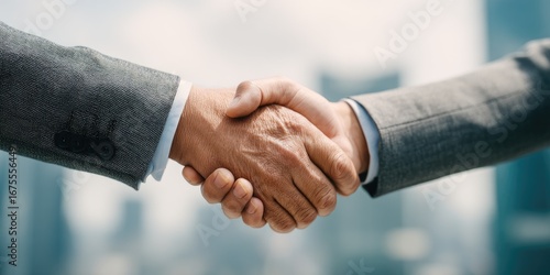 A medium shot of two business leaders shaking hands confidently at the end of a meeting, with team members applauding in the background, vibrant energy of success and cooperation