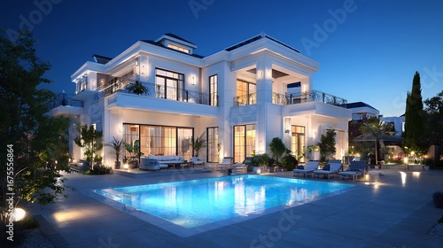 Wallpaper Mural Luxury Mansion at Night with Swimming Pool and Ambient Lighting Enhancing the Architectural Design Torontodigital.ca