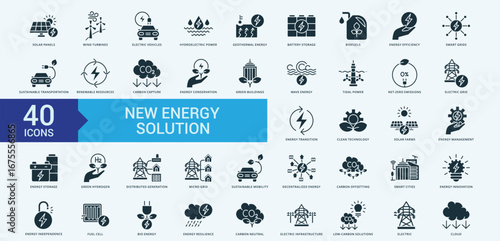 New Energy Solution icon collection set with energy efficiency, carbon capture, green energy, wind turbines, wave energy, turbine energy