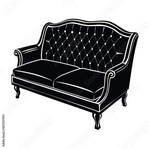 Elegant black and white tufted sofa vector illustration for furniture design and home decor ideas