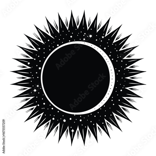 Celestial black sun illustration with stars and crescent moon for astrological design use