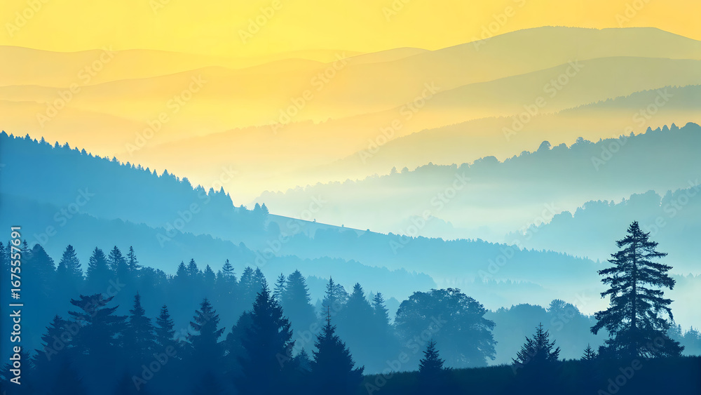 Obraz premium Misty Sunrise Over a Mountainous Forest Landscape.