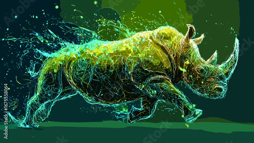 This captivating illustration depicts a powerful and dynamic creature, composed of intricate digital and neon elements. The creature is surrounded by vibrant, swirling streams of light and data, creat